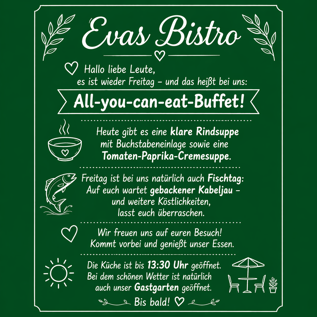 Grünes Poster für Evas Bistro kündigt Freitagsangebote an. Das Menü bietet eine Rindsuppe, Tomaten-Paprika-Cremesuppe und Fischgerichte. Die Küche öffnet um 13:30 Uhr, und die Außensitzplätze sind verfügbar. Die Einladung zum Besuch ist herzlich.