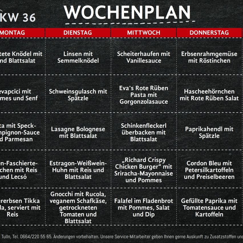 Ein wöchentlicher Essensplan auf schwarzem Hintergrund mit Mahlzeiten für jeden Wochentag von Montag bis Donnerstag. Jede Mahlzeit besteht aus einem Hauptgericht und einer Beilage.
