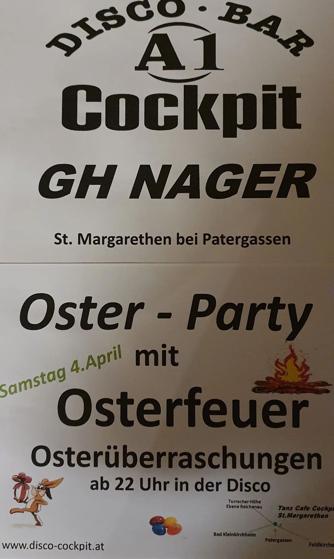Eine Werbung für eine Osterparty mit Osterfeuer, organisiert von GH Nager, am Samstag, den 4. April in St. Margarethen bei Patergassen.