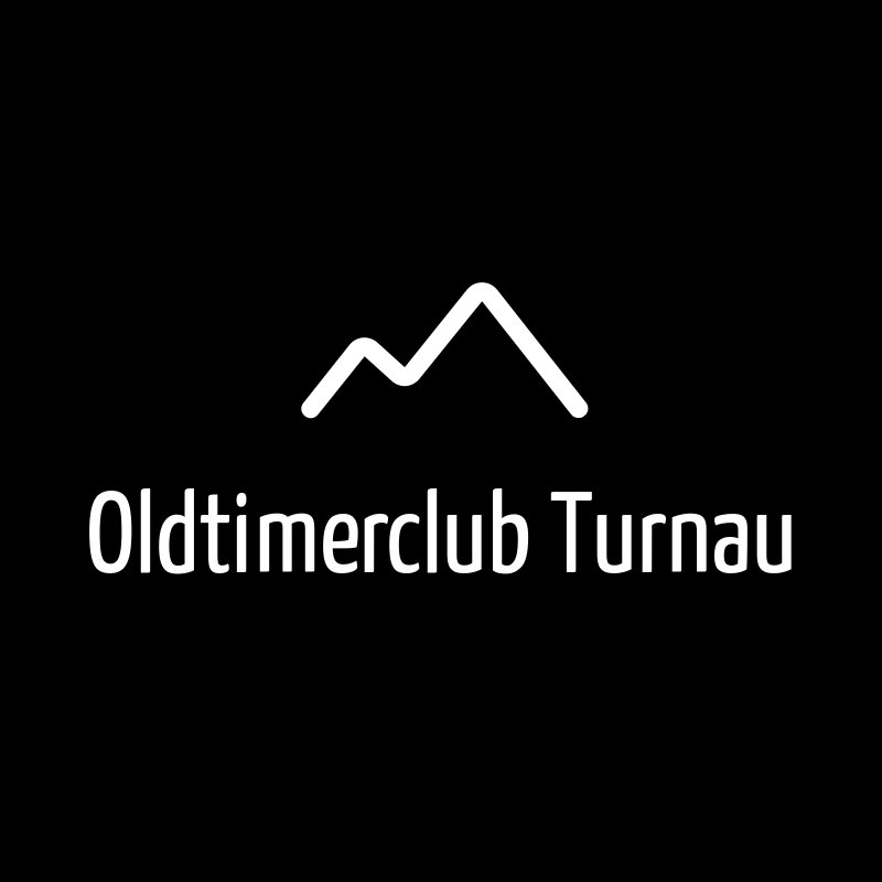 Das Logo des Oldtimerclub Turnau zeigt einen stilisierten Berggipfel mit einer wellenförmigen Linie darüber, vor schwarzem Hintergrund. Der Text 'Oldtimerclub Turnau' ist in Weiß unter dem Logo geschrieben.