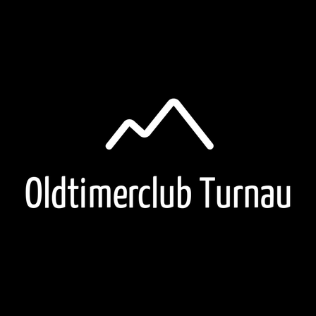 Ein Logo für Oldtimerclub Turnau, das einen stilisierten Berggipfel mit einer wellenförmigen Linie darüber zeigt, vor schwarzem Hintergrund.
