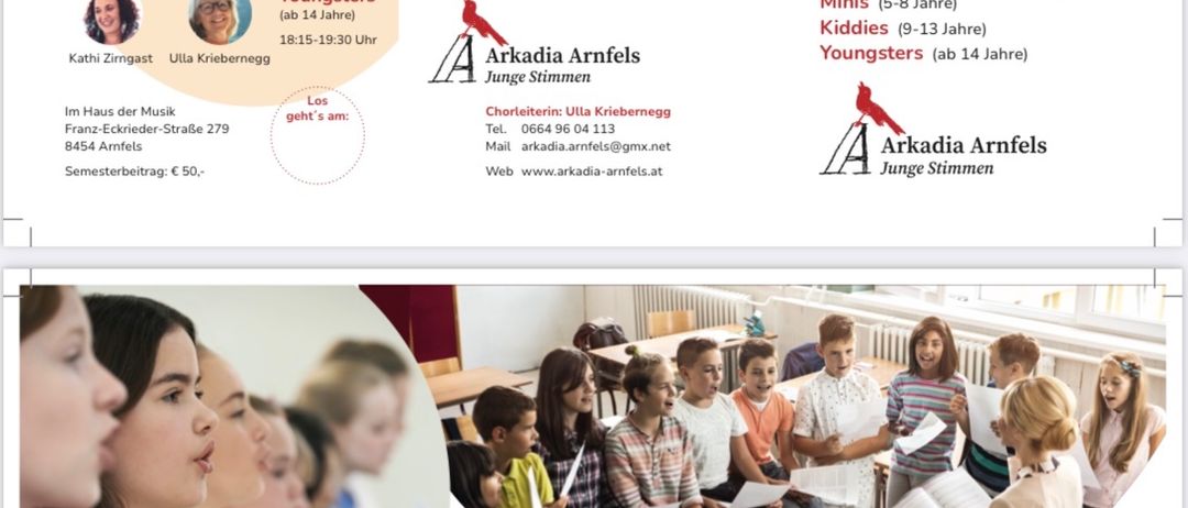 Das Bild zeigt ein Flugblatt für einen Chor. Es werden drei Chöre erwähnt: Minis für 5-8 Jahre, Kiddies für 9-13 Jahre und Youngsters für 14 Jahre und älter. Jeder Chor hat einen anderen Zeitplan und Leiter. Kontaktinformationen und Übungsort sind ebenfalls angegeben.