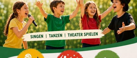Ein Plakat für ein 3-tägiges Workshop für junge Stimmen, mit Kindern, die singen, tanzen und Schauspielerei betreiben. Der Workshop ist für den 18.-20. August geplant.