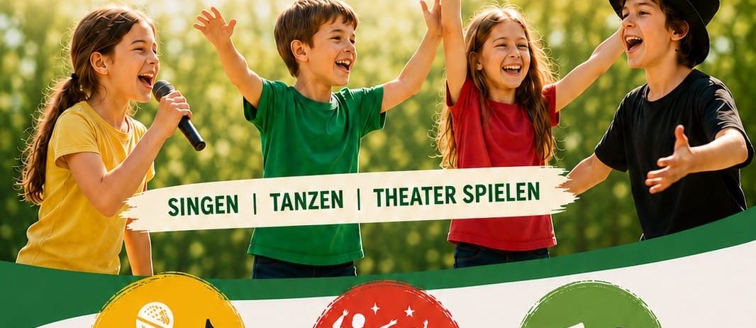 Ein Plakat für ein 3-tägiges Workshop für junge Stimmen, mit Kindern, die singen, tanzen und Schauspielerei betreiben. Der Workshop ist für den 18.-20. August geplant.