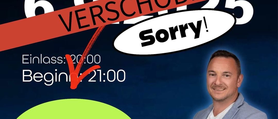 Ein Plakat für einen Tanzabend am 20. September 2025 um 21:00 Uhr in 3430 Tulln Hauptplatz 25. Es zeigt einen Mann im Anzug, der lächelt und gestikuliert. Die Veranstaltung beginnt um 21:00 Uhr.