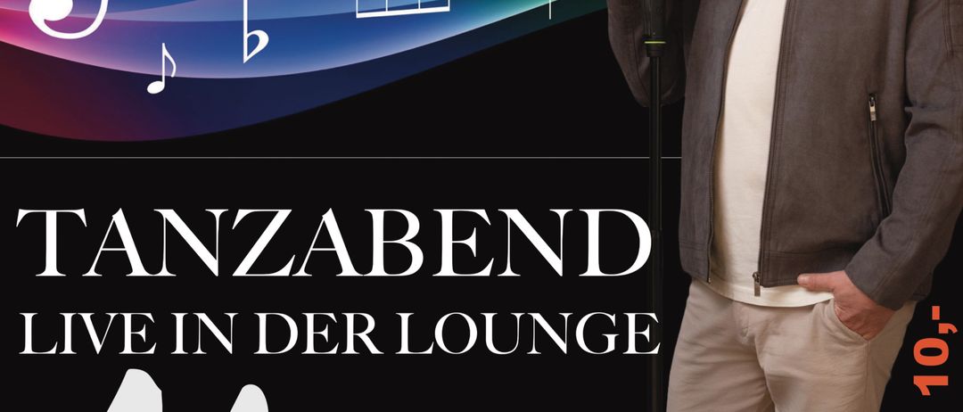 Ein Werbeplakat für die Live-Aufführung von Herbert Hofmann in einer Lounge. Das Plakat zeigt einen Mann mit Mikrofon und einem farbenfrohen Hintergrund mit Noten.