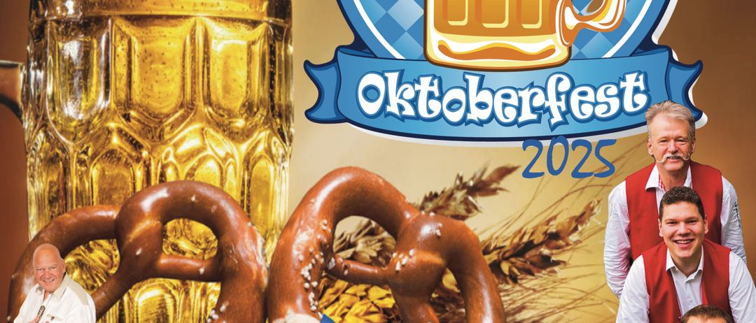 Oktoberfest 2025 Veranstaltung mit einem großen Bierkrug, Brezeln und einer Gruppe lächelnder Männer. Im Hintergrund befinden sich das Oktoberfest-Logo und ein Berg. DJ Chivas wird ebenfalls erwähnt.