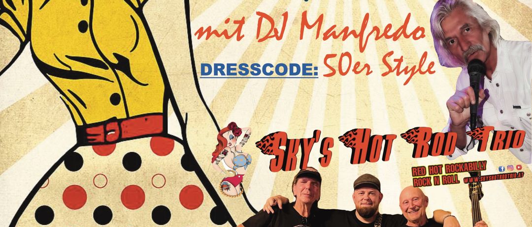 Ein Poster für 'Voices of Rock n' Roll' mit Petticoat zeigt eine Frau in einem Punktekleid, einen Mann mit Mikrofon und drei Männer mit Gitarren und einem Bass. Dresscode: 50er-Stil.