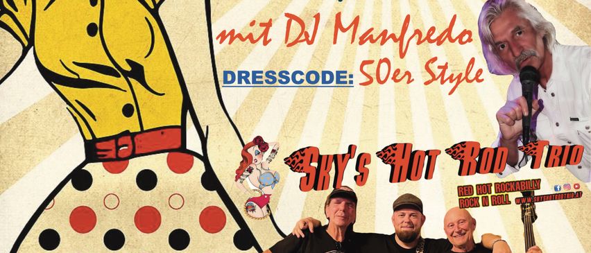 Ein Poster für 'Voices of Rock n' Roll' mit Petticoat zeigt eine Frau in einem Punktekleid, einen Mann mit Mikrofon und drei Männer mit Gitarren und einem Bass. Dresscode: 50er-Stil.