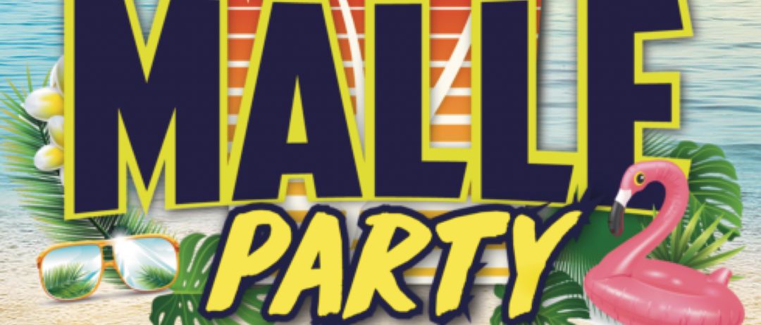 Ein lebendiger Plakat mit einer Strandparty-Werbung zeigt eine tropische Szene mit Palmen, einem Flamingo und einem Eimer voller bunter Flaggen. Der Text 'Malle Party' und 'Ballermann' sind prominent angebracht. Es gibt auch einen Preisschild für 'Sangria' bei 3,50 Euro.