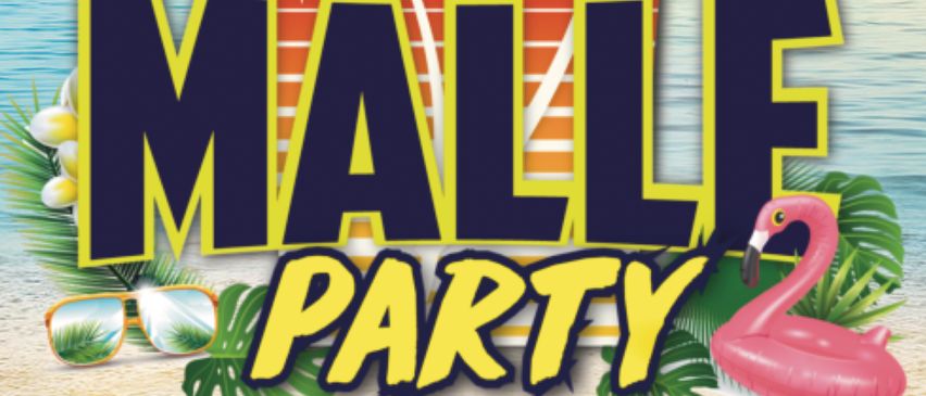 Ein lebendiger Plakat mit einer Strandparty-Werbung zeigt eine tropische Szene mit Palmen, einem Flamingo und einem Eimer voller bunter Flaggen. Der Text 'Malle Party' und 'Ballermann' sind prominent angebracht. Es gibt auch einen Preisschild für 'Sangria' bei 3,50 Euro.