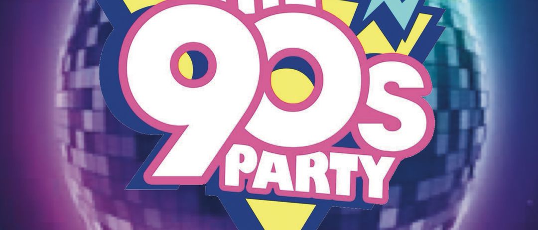 Ein leuchtendes Plakat für The 90s Party mit einer Discokugel, das Wodka oder Bacardi 071 und 11 alkoholfreie Getränke für 65 Euro anbietet. Ort: Tulln, Hauptplatz 25. Gültig ab 21 Uhr.