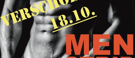 Plakat für eine Männer-Strip-Show am 18. Oktober. Zeigt einen muskulösen Mann in Schwarz-Weiß.