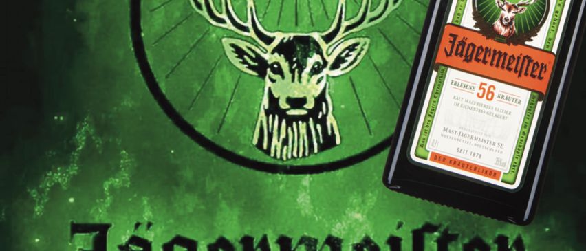 Werbung für Jagermeister. Ein Hirschkopf und ein Kreuz erscheinen über der Jagermeister Flasche. Der Text lautet 'Jeder Jagermeister 2cl' und der Preis ist 'Nur 2,'. Die Veranstaltung ist in Tulln, Hauptplatz 25, ab 21 Uhr.