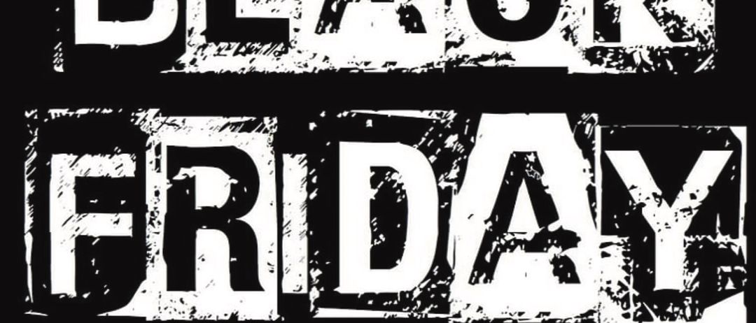 Black Friday Werbeposter mit großen, fetten Texten. Oben steht 'Black Friday' und darunter 'Viele Getränke in Aktion'. Der Hintergrund ist schwarz.