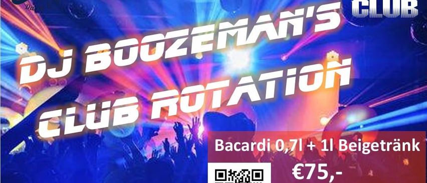 Werbeplakat für die Boozeman's Club Rotation-Veranstaltung in Tulln. Die Türen öffnen um 23 Uhr, der Preis beträgt 75 Euro und beinhaltet Bacardi 0,71 und 11 Beig. QR-Code für weitere Informationen.