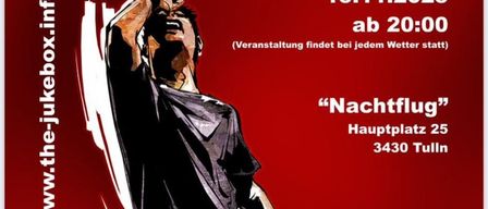 A poster for The Jukebox karaoke event. A person raises a microphone. Date: 15.11.2025, time: 20:00. Location: Hauptplatz 25, 3430 Tulln. Admission is free. www.the-jukebox.info.