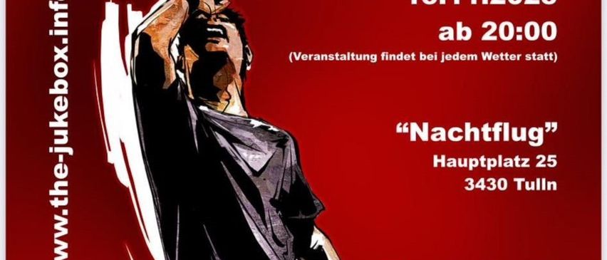 Ein Plakat für die Karaoke-Veranstaltung von The Jukebox. Eine Person erhebt ein Mikrofon. Datum: 15.11.2025, Zeit: 20:00. Ort: Hauptplatz 25, 3430 Tulln. Der Eintritt ist frei. www.the-jukebox.info.