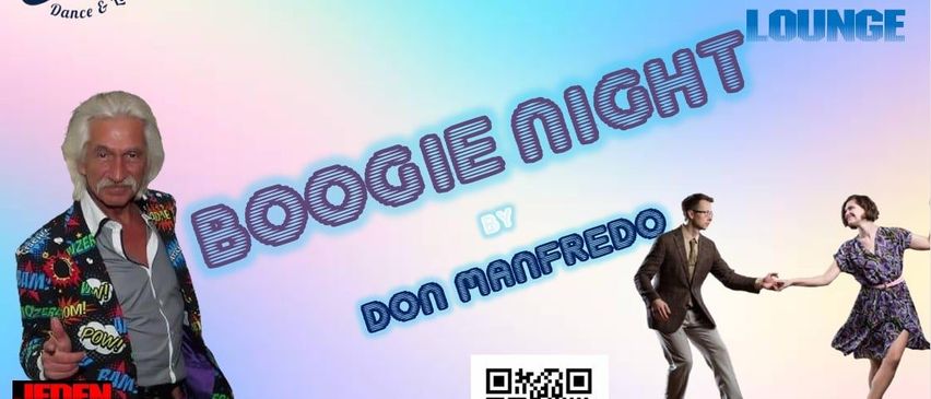 Ein Werbebild für Nachtflug, eine Nachtveranstaltung mit Boogie Night von Don Manfredo. Es enthält einen QR-Code für weitere Informationen und erwähnt, dass die Veranstaltung an Montagen stattfindet.