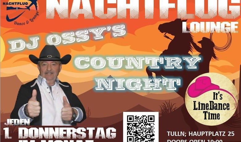 Country-Nacht im Nachtflug-Lounge, jeden Donnerstag. DJ Ossy ist hier. Türen öffnen um 19:00. QR-Code für den Zugang.