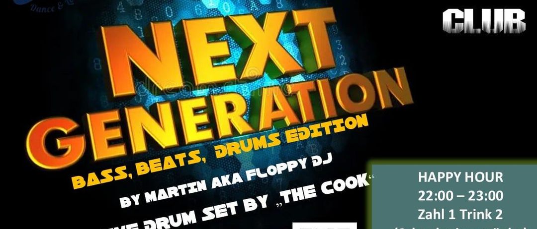 Nachtflug Tulln Next Generation Event-Plakat mit DJ Martin AKA Floppy DJ und Live-Drum-Set von The Cook. Das Event findet am 8. November statt, Einlass ab 22:00 Uhr, Eintritt 1 Euro. QR-Code und Website-Link verfügbar.