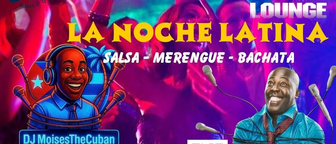 Werbeplakat für Nachtfliege La Noche Latina mit einer lebhaften Menge, einem lächelnden Mann und Details zur Veranstaltung am 27. November, mit QR-Code und Website-Link.