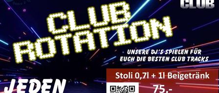 Werbung für Club Rotation. Die Türen öffnen um 19:30 Uhr. DJs spielen die besten Club-Musik. Eintritt 0,71 Euro + 1 Bier. Scannen Sie den QR-Code für weitere Informationen.