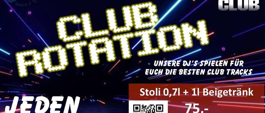 Werbung für Club Rotation. Die Türen öffnen um 19:30 Uhr. DJs spielen die besten Club-Musik. Eintritt 0,71 Euro + 1 Bier. Scannen Sie den QR-Code für weitere Informationen.