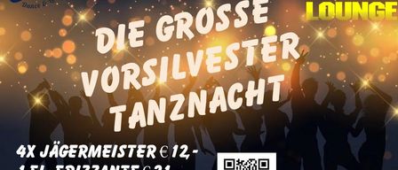 Ein Plakat für eine Silvesterparty bei Nachtflug Tulln, mit Preisen für Eintritt und Getränke, einem QR-Code für Tickets und dem Datum 30. Dezember.