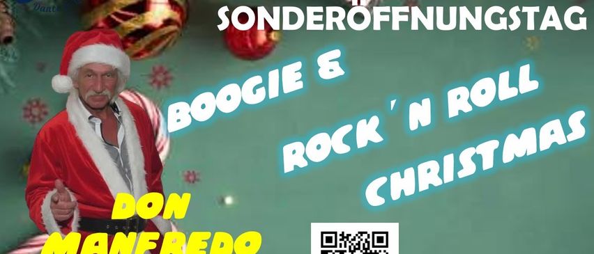 Ein Werbeplakat für die Sonderöffnung von Nachtflug am 7. Dezember zeigt einen Mann in einem Weihnachtsmannhut, einen QR-Code und Details über die Musik und die Website der Veranstaltung.