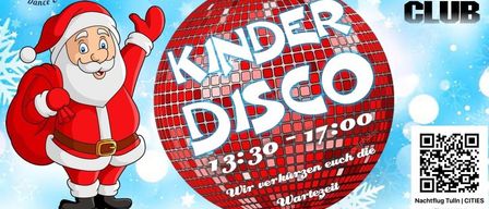 Plakat für eine Kinder Disco-Veranstaltung von Nachtflug. Der Weihnachtsmann hält eine Discokugel. Die Veranstaltung beginnt um 15:30 Uhr. Freier Eintritt. Besuchen Sie www.nachtflug.de.