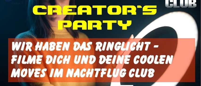 Werbeplakat für die Nachtflug-Creator's Party mit einer Frau mit grünen Haaren, einem QR-Code und Veranstaltungsdetails. Die Türen öffnen sich um 17:00 Uhr am 26. Januar. Besuchen Sie www.nachtflug.com.