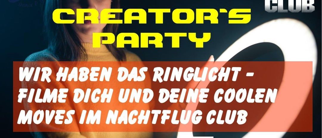 Werbeplakat für die Nachtflug-Creator's Party mit einer Frau mit grünen Haaren, einem QR-Code und Veranstaltungsdetails. Die Türen öffnen sich um 17:00 Uhr am 26. Januar. Besuchen Sie www.nachtflug.com.