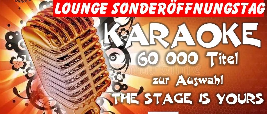 Plakat für die Sonderöffnung der Nachtflug-Lounge. Mit einem Mikrofon und der Aufschrift 'Karaoke 60.000 Titel zur Auswahl'. Datum: 5.1.26. QR-Code und Website inklusive.