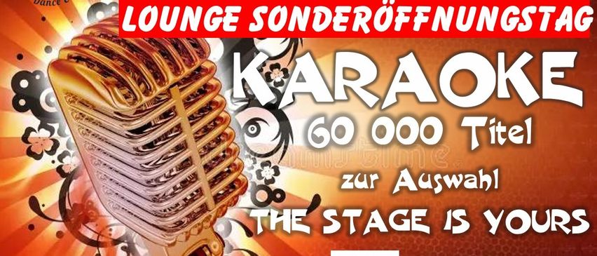 Plakat für die Sonderöffnung der Nachtflug-Lounge. Mit einem Mikrofon und der Aufschrift 'Karaoke 60.000 Titel zur Auswahl'. Datum: 5.1.26. QR-Code und Website inklusive.