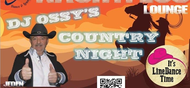 Plakat für die Country Night der Nachtflug Lounge mit DJ Ossy. Zeigt einen Mann in einem Cowboyhut, eine Pferdesilhouette und einen Cowboyhut mit Lasso. Die Türen öffnen sich um 19:00 Uhr.