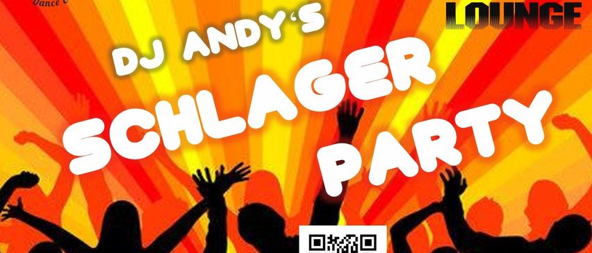 Plakat für Nachtflug Lou mit DJ Andys Schlager Party. Es enthält einen QR-Code für weitere Informationen, Ort Tulln, Hauptstrasse, und die Türen öffnen sich am 23.1. Besuchen Sie www.nachtflug.com für Details.