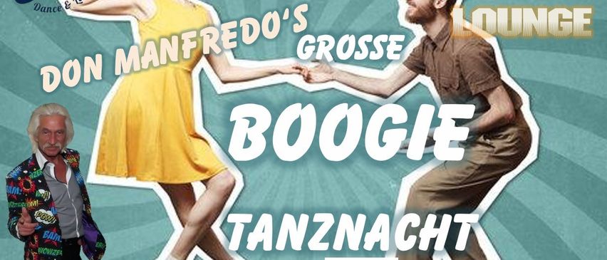 Plakat für eine Boogie-Tanznacht bei Manfredo am 31. Januar 2026. Ein Mann und eine Frau tanzen, mit einem QR-Code für Tickets.