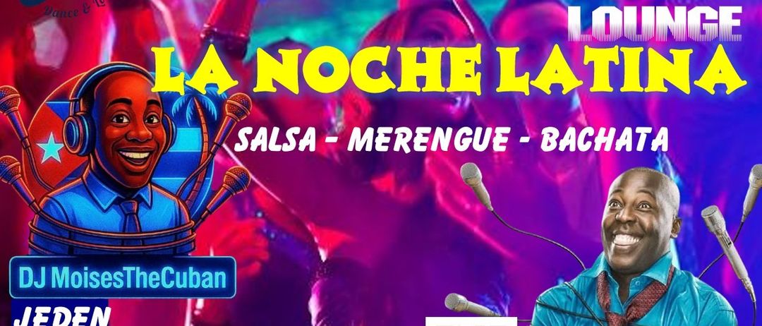 Ein lebhaftes Plakat für eine Latein-Nacht-Veranstaltung zeigt einen lächelnden Mann auf der Bühne, ein Mikrofon und einen QR-Code. Der Titel lautet 'La Noche Latina' mit Musikgenres Salsa, Merengue und Bachata. Die Türen öffnen sich bei Nachtflug Tulln.