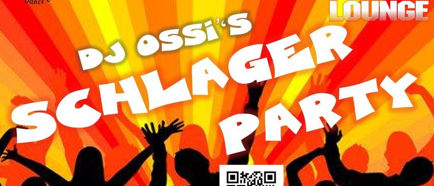 Plakat für Nachtflug DJ Ossis Schlager Party mit Silhouetten tanzender Menschen. Die Veranstaltung findet am 28. Februar statt. QR-Code und Website sind angegeben.