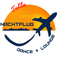 Ein Grafikdesign eines fliegenden Flugzeugs mit den Worten Nachtflug Dance + Lounge in Blau und einem orangefarbenen Sonnenuntergangshintergrund.