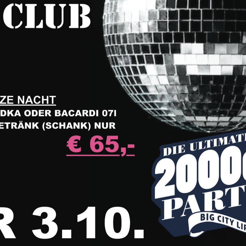 Werbung für eine Club-Veranstaltung. Der Eintritt kostet 65 €. Getränke-Spezial: 0,07 Liter Wodka oder Bacardi für 3,10 Euro. Veranstaltungsdatum: 3. Oktober.