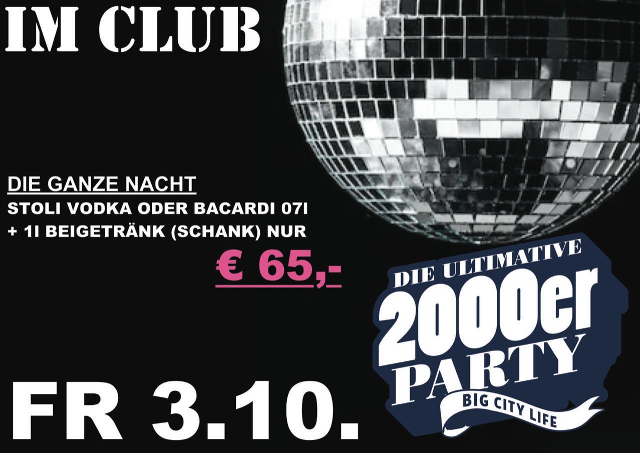 Werbung für eine Club-Veranstaltung. Der Eintritt kostet 65 €. Getränke-Spezial: 0,07 Liter Wodka oder Bacardi für 3,10 Euro. Veranstaltungsdatum: 3. Oktober.