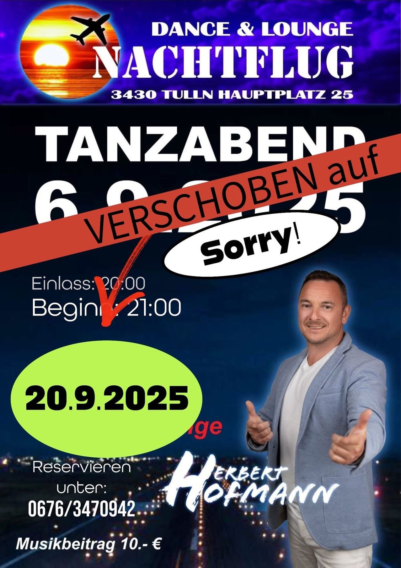 Plakat für einen Tanzabend. Es zeigt einen lächelnden Mann im Anzug. Die Veranstaltung findet am 20. September 2025 um 21:00 Uhr statt. Ort: Tulln Hauptplatz 25.