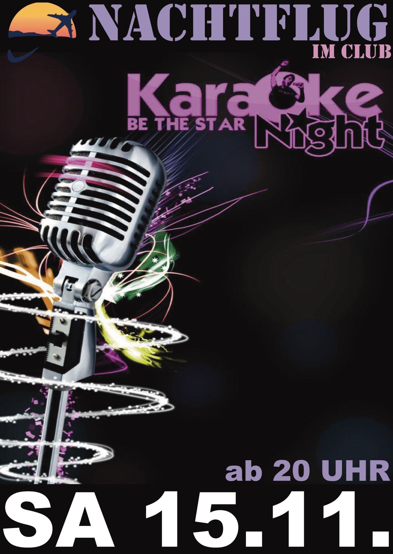 Ein Plakat für eine Karaoke-Nacht mit einem Mikrofon in der Mitte, umgeben von bunten Designs und Lichtern. Der Plakattext lautet 'Karaoke BE THE STAR Night' und 'ab 20 UHR'.