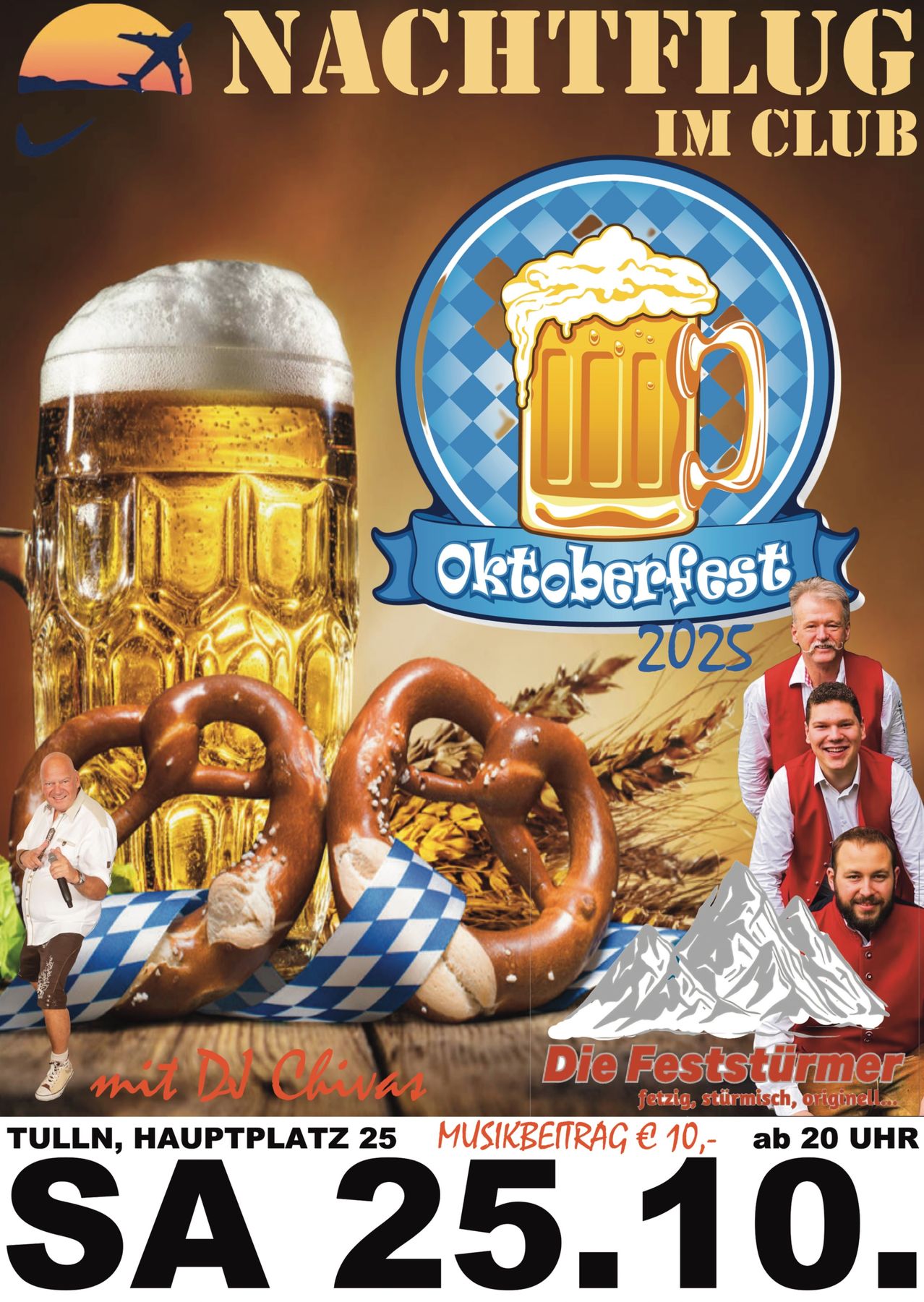 Oktoberfest 2025 Poster mit einem Bierkrug, Brezeln und einem DJ. Drei Männer in roten Westen und ein Mann mit Mikrofon.