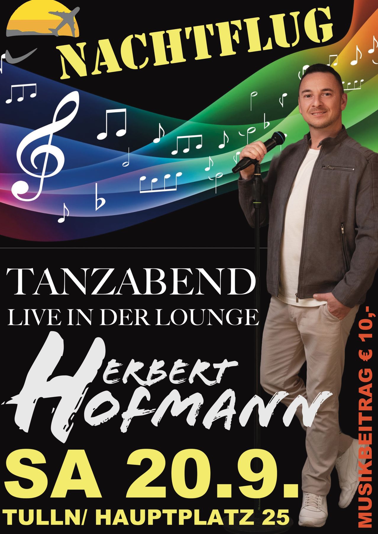 Werbeplakat für ein Live-Musik-Event mit Herbert Hofmann, zeigt Musiknoten und einen lächelnden Mann mit Mikrofon.