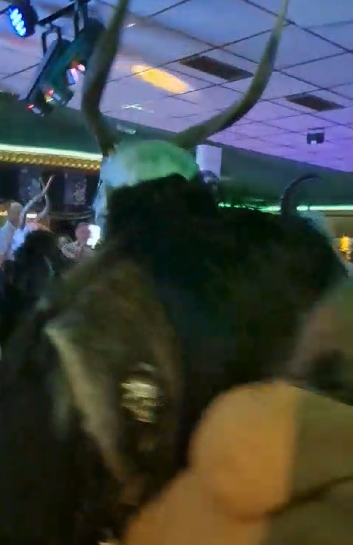 Eine Person in einem Wikingerkostüm steht in einer Menschenmenge, wahrscheinlich auf einer Party.