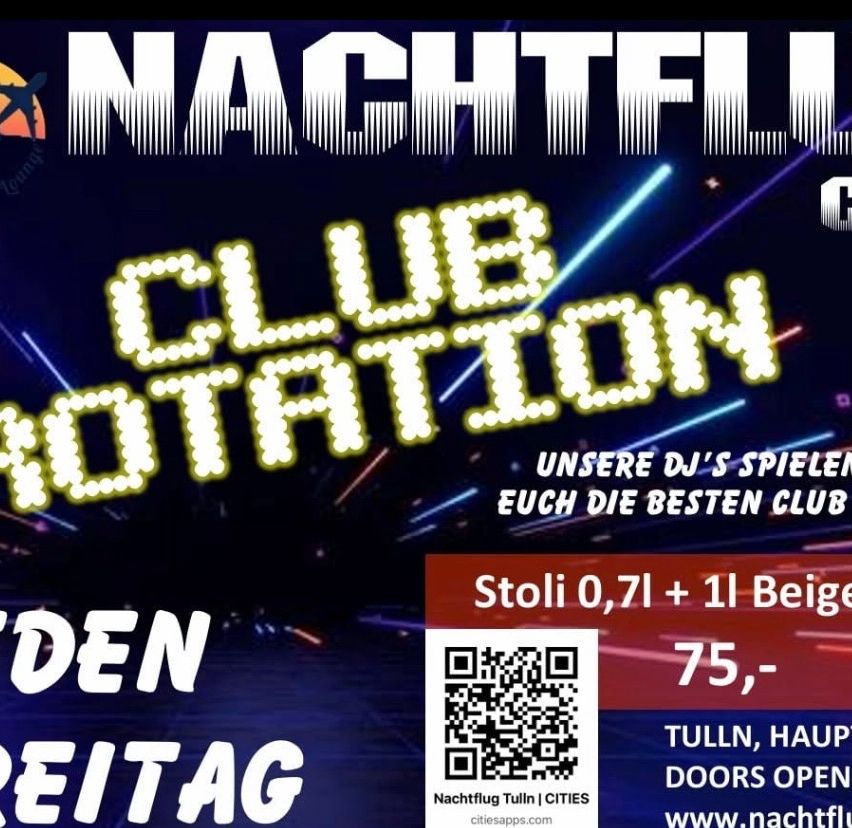 Werbung für Nachtflug Club Rotation mit einem Neonschild in blauen und gelben Lichtern, einem QR-Code und Preisen für Getränke.