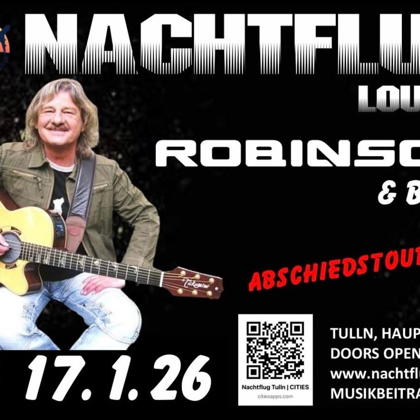 Plakat für eine Abschiedsshow mit Robinsco. Es zeigt einen Mann mit einer Gitarre und einem QR-Code. Datum: 17.01.2026.